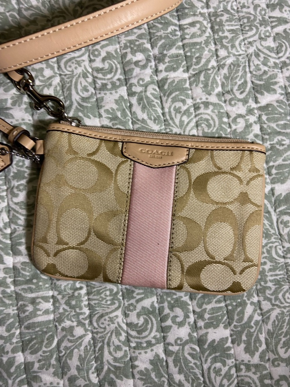 Coach Beige Signature Canvas Tote with Pink Center Stripe and Wristlet - Picture 6 of 7